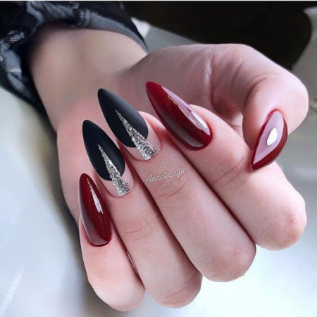 Бордовый дизайн ногтей с черным